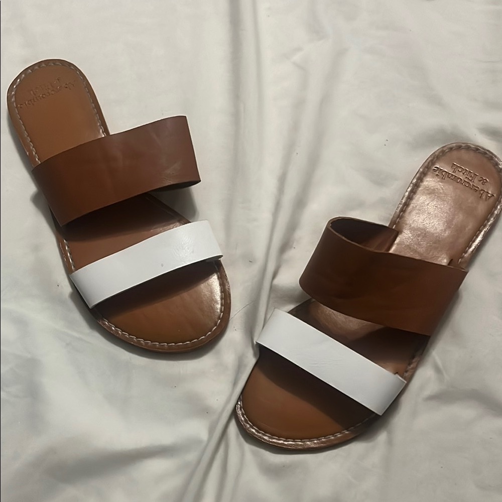 Brown and White Leather Slide Sandals